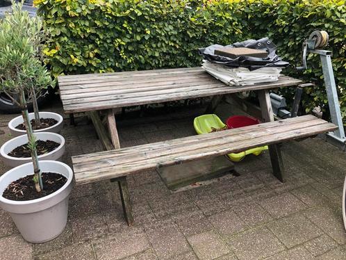 Houten Picknicktafel met opklapbare bank, Tuin en Terras, Picknicktafels, Gebruikt, Rechthoekig, Hout, Ophalen