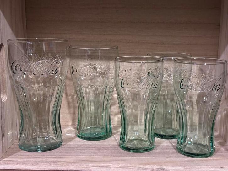Coca Cola Glazen Set - nog 3 stuks, Groen Glas, Verzamelen, Glas en Borrelglaasjes, Gebruikt, Frisdrankglas, Ophalen of Verzenden