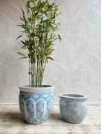 Vintage keramieken plantenpotten / bloempotten blauw / roze, -, -, Rond, Ophalen of Verzenden
