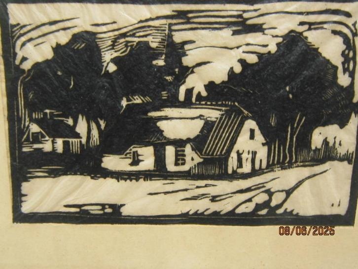 Mooie Houtsnede Boerderij tafereeltje op zeer dun papier, Antiek en Kunst, Kunst | Etsen en Gravures, Ophalen of Verzenden