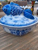 Antiek Blauw-wit keramische schaal met visdeksel, Ophalen of Verzenden