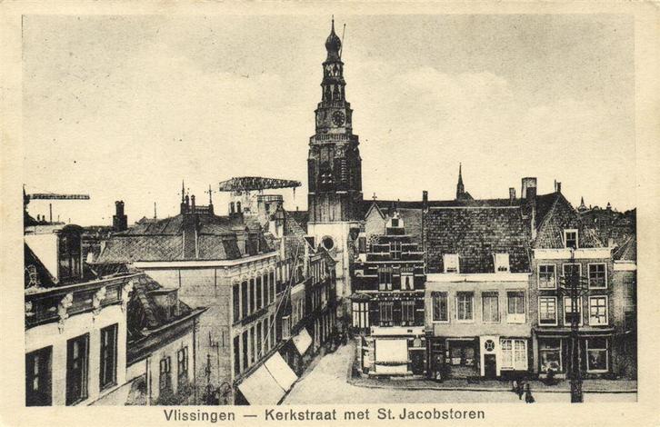 Vlissingen - Kerkstraat met St. Jacobstoren - gelopen, Verzamelen, Ansichtkaarten | Nederland, Ongelopen, Zeeland, Voor 1920, Ophalen of Verzenden