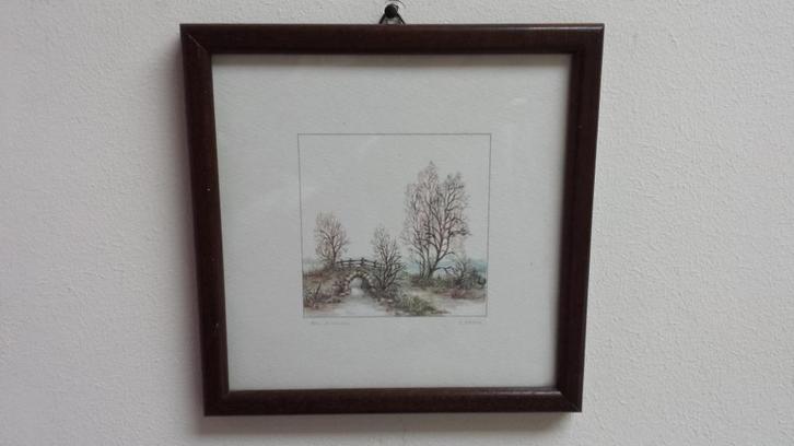 Kleine LITHOGRAFIE v. Ludwig URACK ~ Oud Bruggetje 8x8cm., Antiek en Kunst, Kunst | Litho's en Zeefdrukken, Ophalen of Verzenden