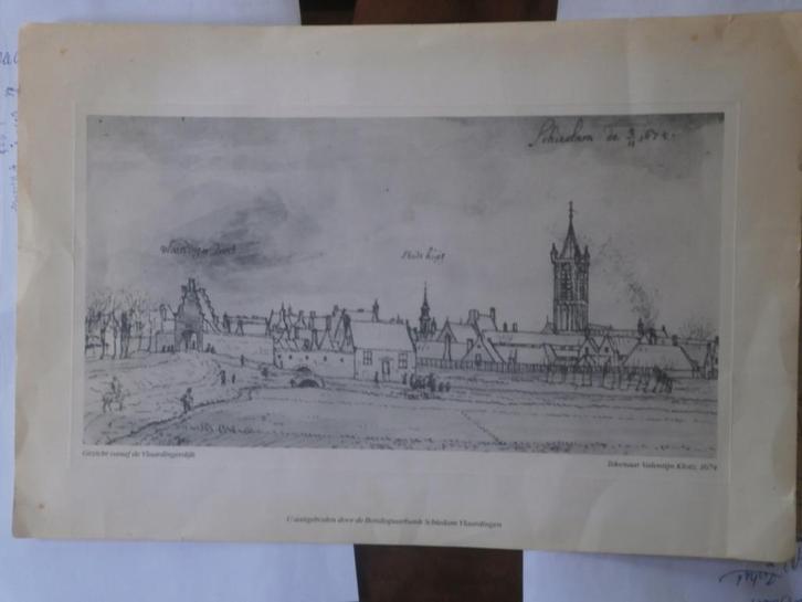 Oude Schiedamse Prent van KLOTZ uit.1674, Verzamelen, Foto's en Prenten, Gebruikt, Overige onderwerpen, Voor 1940, Ophalen