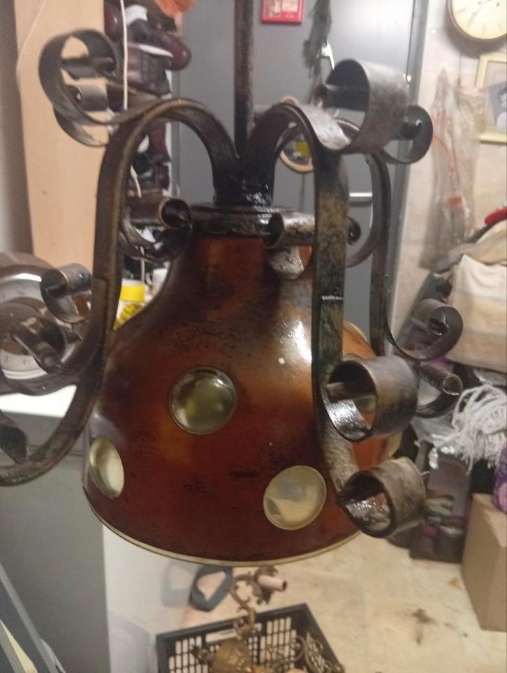 Vintage Brutalist hanglamp glas koper en smerdijzer, Huis en Inrichting, Lampen | Hanglampen, Gebruikt, 50 tot 75 cm, Glas, Metaal