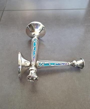 Judaica Shabbat kandelaars sterling zilver/ emaille beschikbaar voor biedingen