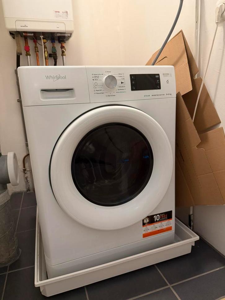 Whirlpool Was/Droogmachine incl. Lekbak, Witgoed en Apparatuur, Wasmachines, Gebruikt, Voorlader, 8 tot 10 kg, 85 tot 90 cm, 1200 tot 1600 toeren