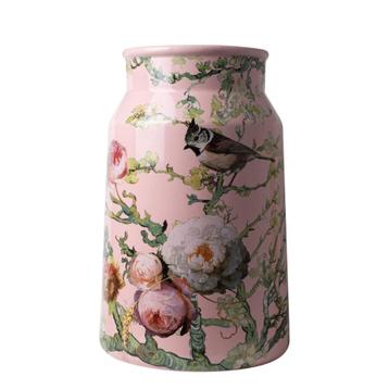 Nieuw, Heinen Delfts Blauw, vaas melkbus Bosvogels, roze beschikbaar voor biedingen