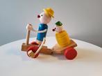 Houten trekfiguur op de fiets met aanhangertje., Ophalen of Verzenden, Gebruikt