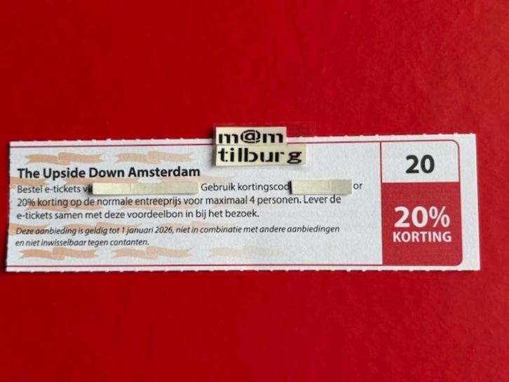 Bon 20 The Upside Down Amsterdam 20% korting., Tickets en Kaartjes, Kortingen en Cadeaubonnen, Drie personen of meer, Overige typen