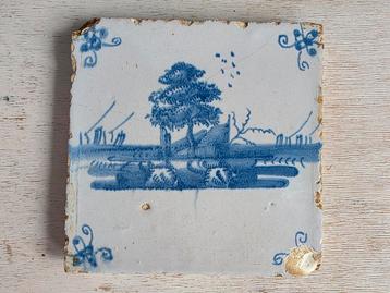 Antieke tegel Delfts blauw landschap 13x13x1cm beschikbaar voor biedingen