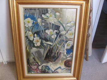 B. Mone, " Kerstrozen", Olieverf op board. Prachtige lijst.  beschikbaar voor biedingen