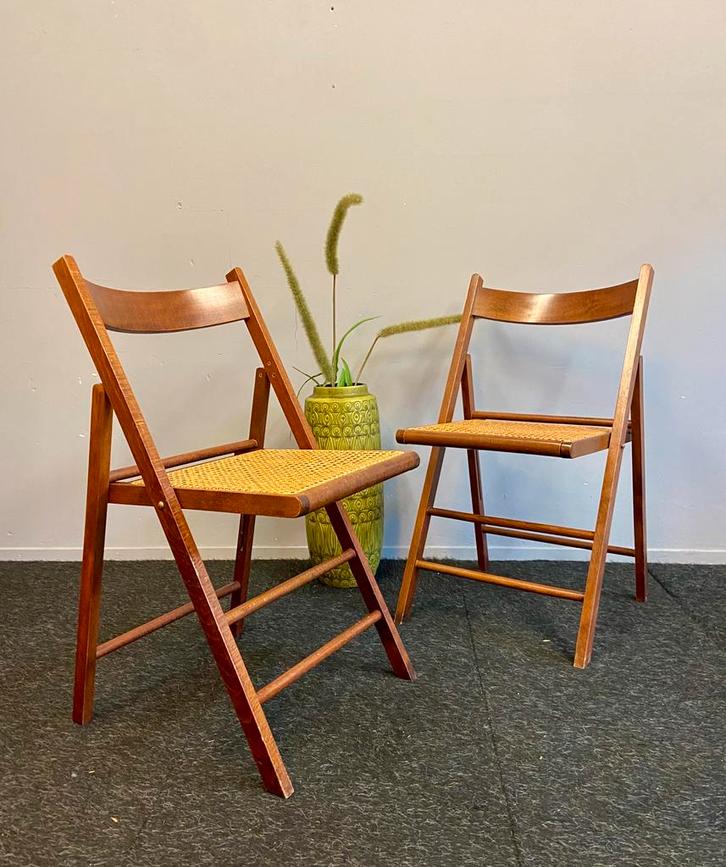 Vintage klapstoel webbing zitting retro jaren 70/80 chairs, Huis en Inrichting, Stoelen, Gebruikt, Twee, Hout, Bruin, Ophalen