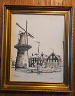 Idyllisch Straatbeeld met Molen, Antiek en Kunst, Ophalen of Verzenden