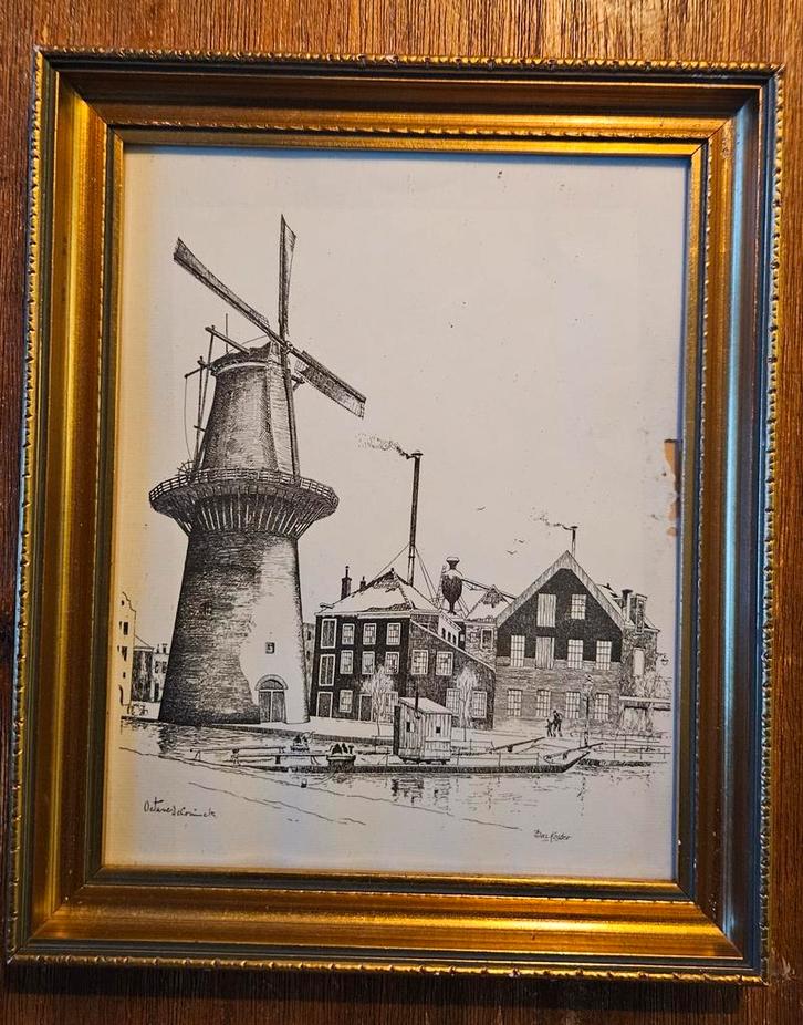 Idyllisch Straatbeeld met Molen, Antiek en Kunst, Kunst | Etsen en Gravures, Ophalen of Verzenden