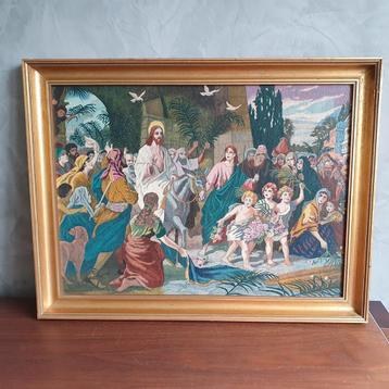 Mooi vintage schilderij de intocht van Jezus op palmzondag beschikbaar voor biedingen