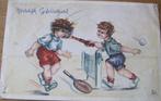 hartelijk gefeliciteerd -twee jongens maken ruzie bij tennis, Verzamelen, Verzenden, 1940 tot 1960, Ongelopen, Kinderen