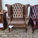 Chesterfield fauteuil, wingchair, oorfauteuil bruin leer, Ophalen, Zo goed als nieuw, 50 tot 75 cm, Leer