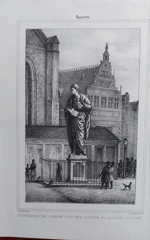 1 / Standbeeld Lauren Coster Haarlem Litho uit 1839, Antiek en Kunst, Kunst | Litho's en Zeefdrukken, Ophalen of Verzenden