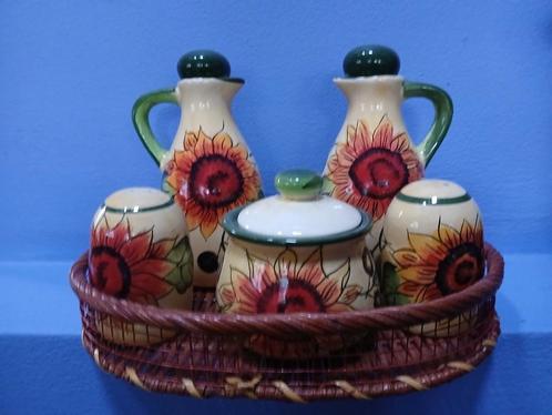 Terracotta tafelsetje voor zout, peper, azijn, mosterd en ol, Antiek en Kunst, Antiek | Glas en Kristal, Ophalen of Verzenden