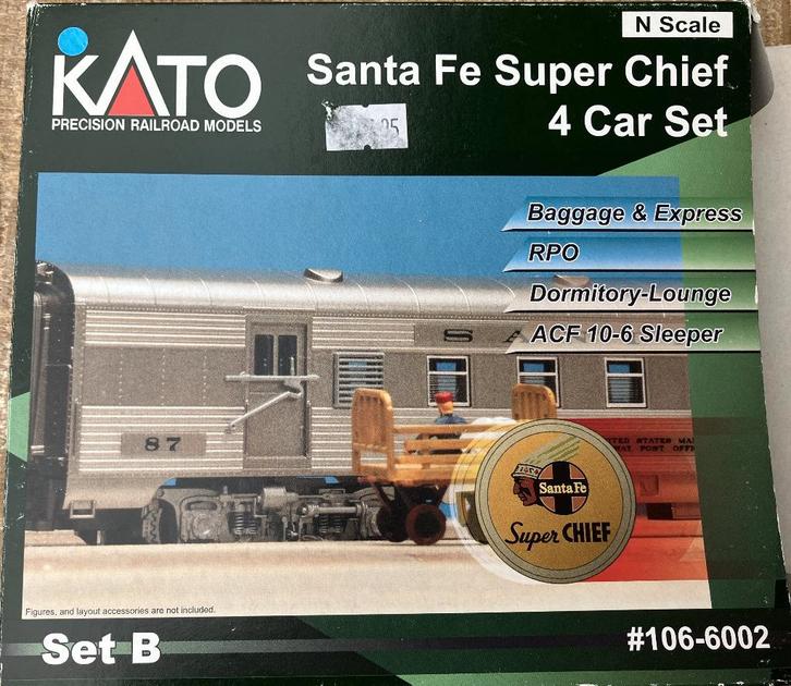 Kato Santa Fe Super Chief 4 Car set # 106-6002 N Scale, Hobby en Vrije tijd, Modeltreinen | N-Spoor, Zo goed als nieuw, Wagon