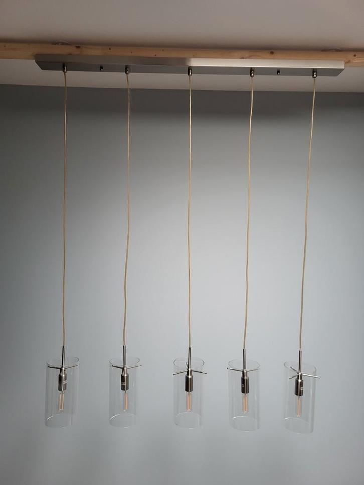 Hanglamp 5-lichts cilinderglas, RVS, dimbaar, Huis en Inrichting, Lampen | Hanglampen, Gebruikt, 75 cm of meer, Glas, Metaal, Ophalen