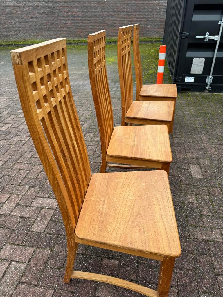 4 Teak Houten Stoelen met Hoge Rug, Ophalen, Gebruikt, Bruin, Vier