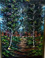 Mid Century Modern Bos Landschap Schilderij in Lijst 84x64CM, Antiek en Kunst, Ophalen of Verzenden