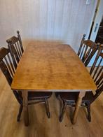 Uitschuifbare grenenhouten tafel met 4 eiken stoelen, Ophalen, Gebruikt, 100 tot 150 cm, 50 tot 100 cm