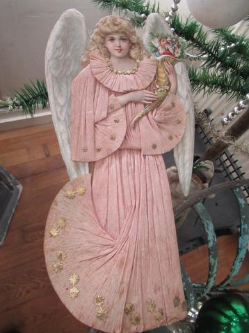 antieke GROTE ENGEL, roze CREPE JURK, h 35,5 cm/ feathertree beschikbaar voor biedingen
