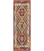 Levendige Geometrische Kilim Loper Handgeweven Wol 248x84 cm, Huis en Inrichting, Ophalen of Verzenden, Nieuw, Zwart, Rechthoekig