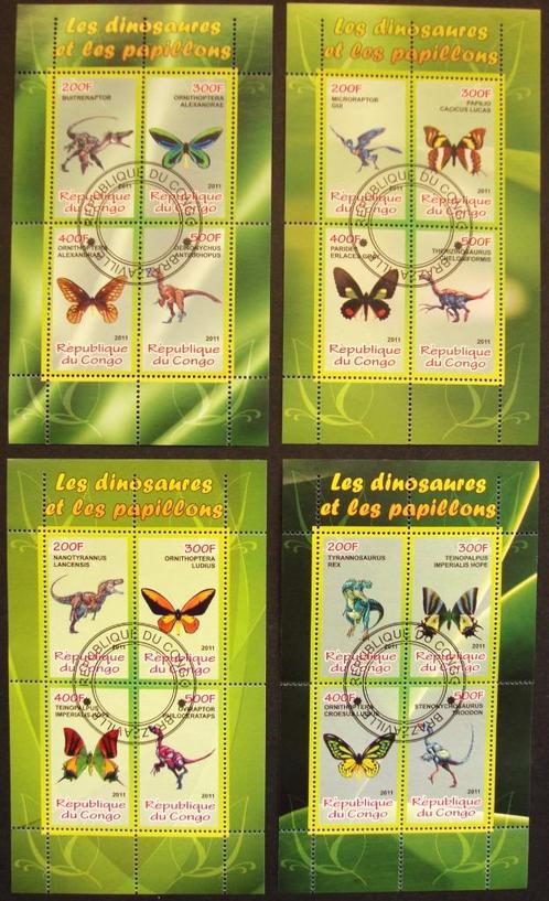 - 425 - 4 Blokjes met 16 Dino's + Vlinders zegels., Postzegels en Munten, Postzegels | Thematische zegels, Gestempeld, Dier of Natuur