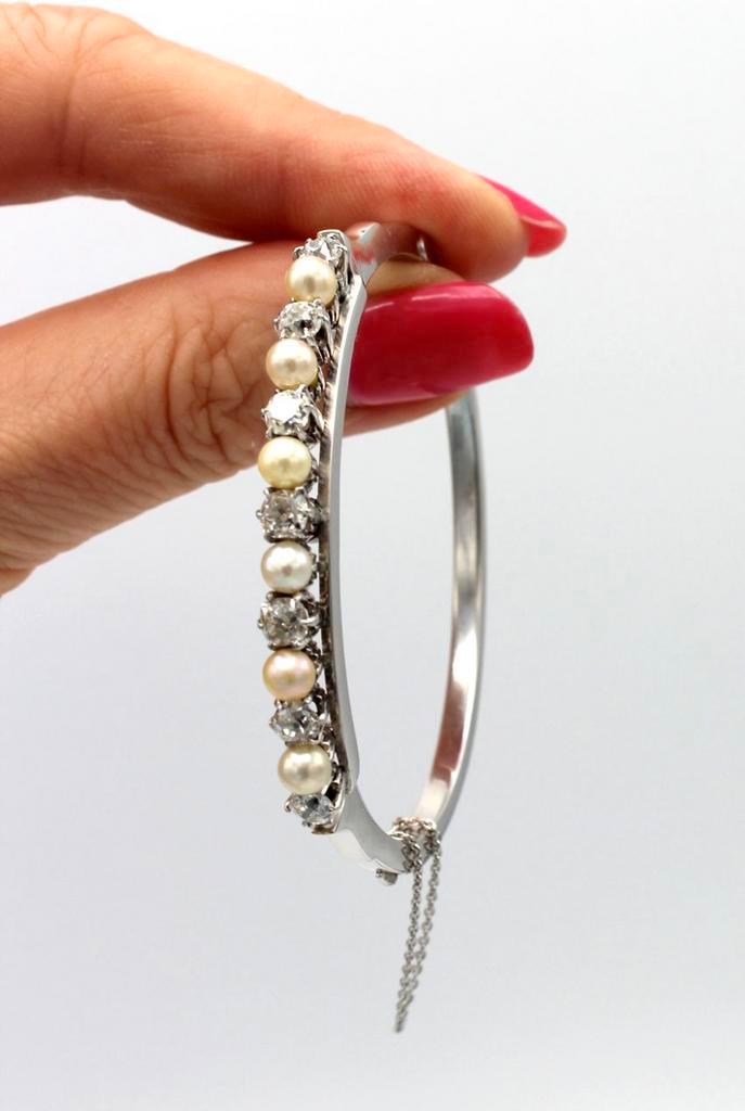 14 karaat witgouden armband met parels en diamanten ca.1.75., Sieraden, Tassen en Uiterlijk, Antieke sieraden, Armband, Goud, Met edelsteen