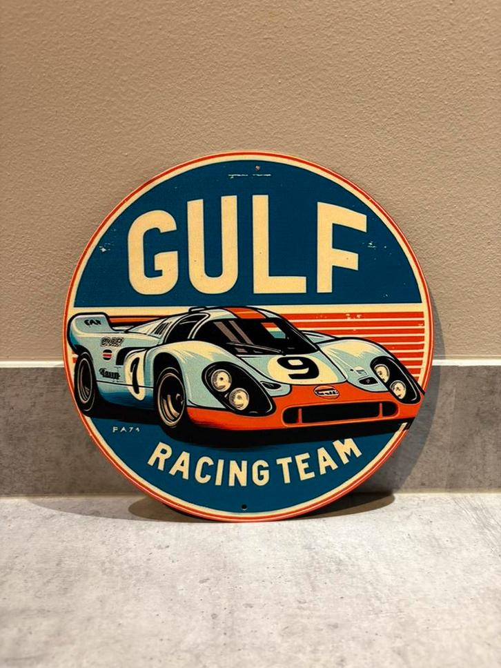 Mancave Bar Café Wanddecoratie metalen bordhe Gulf Racing, Verzamelen, Merken en Reclamevoorwerpen, Zo goed als nieuw, Reclamebord