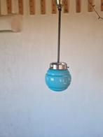 Art deco lamp blauw glas chrome. , Huis en Inrichting, Lampen | Hanglampen, Gebruikt, Onbekend, Ophalen of Verzenden, Glas