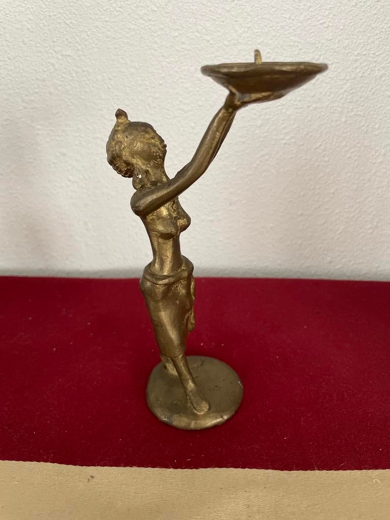 Vintage bronzen Afrikaans beeldje vrouw met schaal, Antiek en Kunst, Ophalen of Verzenden