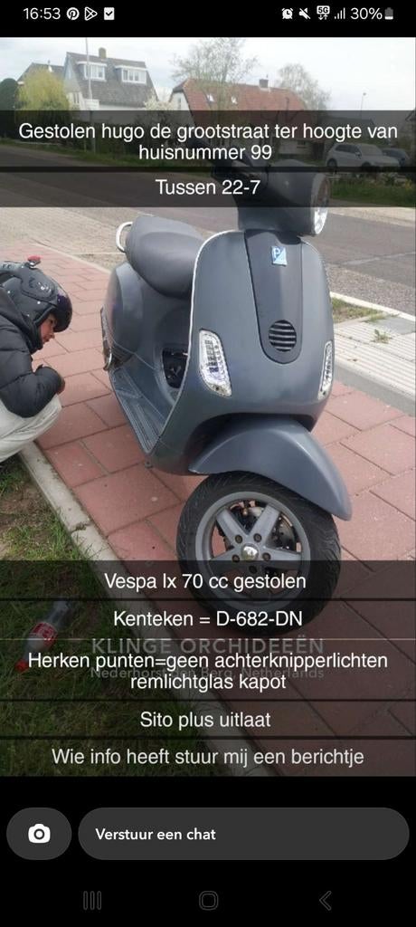 Gestolen Vespa LX 70cc in Delft - Kenteken D-682-DN, Fietsen en Brommers, Scooters | Vespa, Ophalen of Verzenden, Gebruikt, Vespa LX