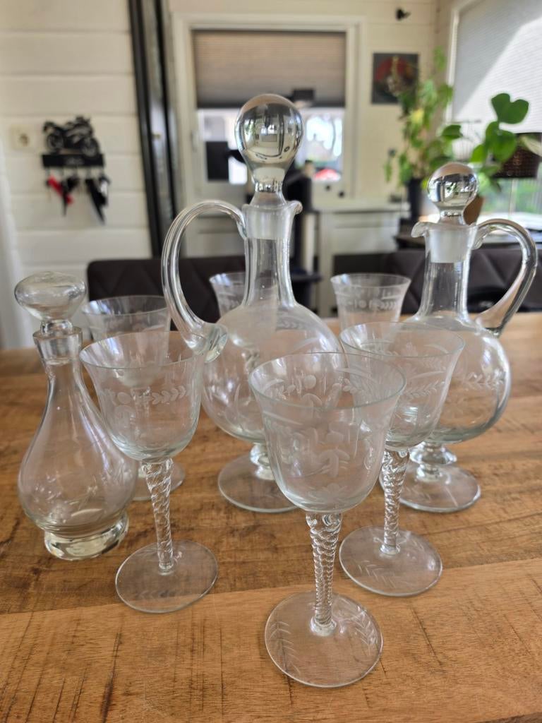 Antieke glazen karaf en wijnglazen set, Antiek en Kunst, Antiek | Glas en Kristal, Ophalen
