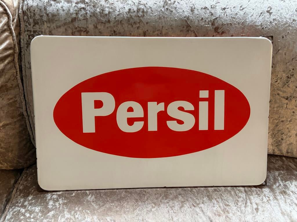 Groot Emaille Reclamebord persil rood wit, Verzamelen, Ophalen of Verzenden, Gebruikt, Reclamebord