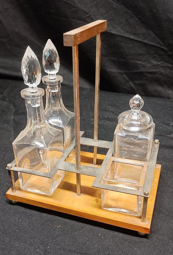 Art Deco Menage Set: Olie, Azijn, Mosterd & Zoutbakje, Antiek en Kunst, Antiek | Glas en Kristal, Ophalen of Verzenden