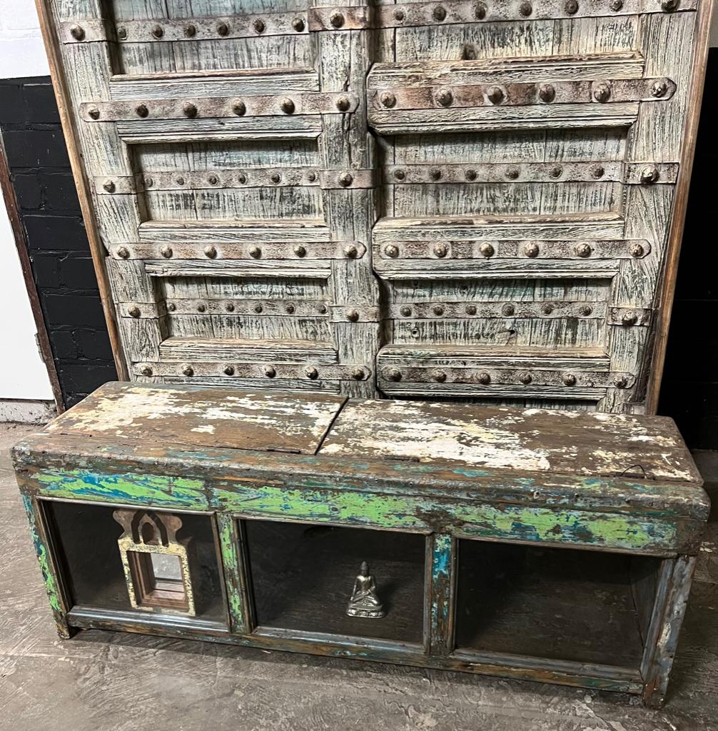 Indiase kist bank kruk met glas India old scrap wood massief, Huis en Inrichting, Woonaccessoires | Kisten, Minder dan 50 cm, 100 tot 150 cm