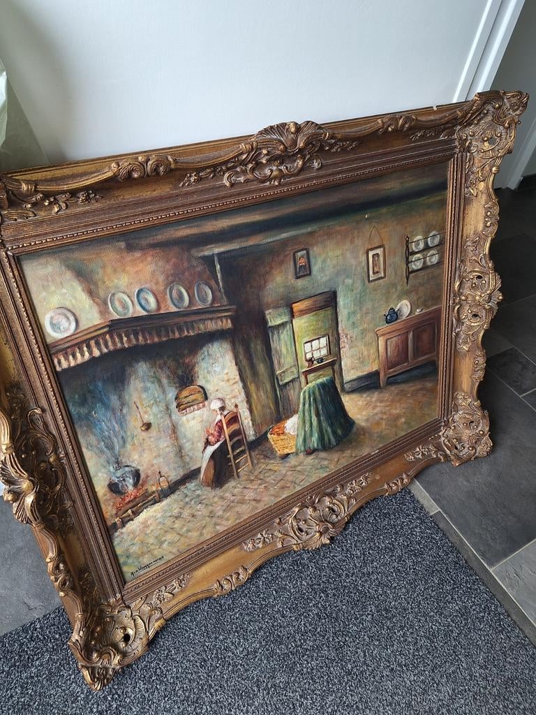 Oud schilderij met prachtige lijst, gesigneerd, Antiek en Kunst, Kunst | Schilderijen | Klassiek, Ophalen of Verzenden