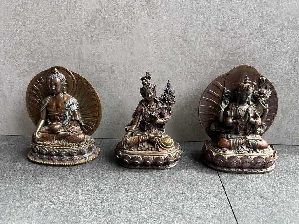 3 Bijzondere Buddha Beelden - Set - Brons Look - Antiek?, Ophalen of Verzenden, Gebruikt, Religie