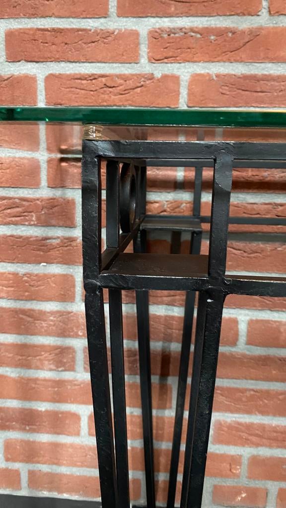 Side tabel zwart smeedijzer met dikke glasplaat., Ophalen, 100 tot 150 cm, Glas, Zo goed als nieuw