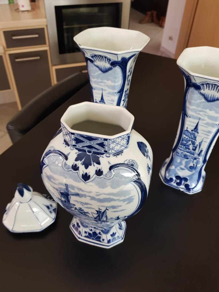 Antiek 3-delig Delfts Blauw Kaststel Uniek met datum 1914, Ophalen of Verzenden