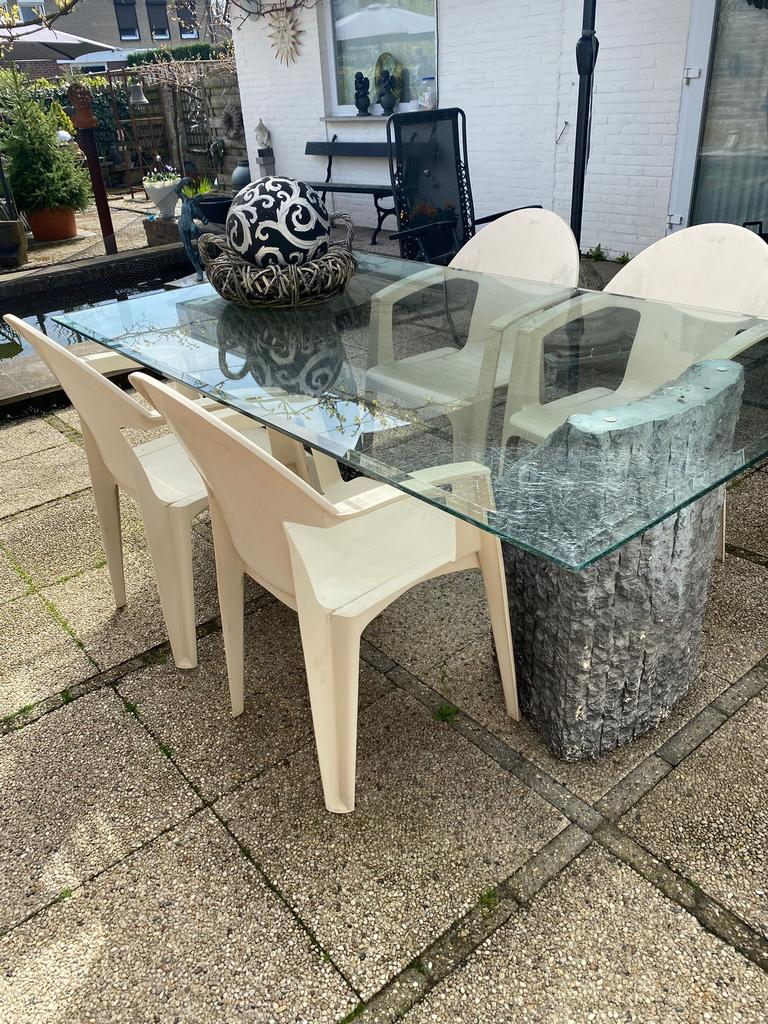 Glazen tafel, Tuin en Terras, Tuinsets en Loungesets, Ophalen, Gebruikt, Overige materialen, 4 zitplaatsen
