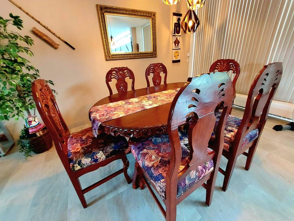 Tropisch hardhout eettafel met 6 stoelen., Huis en Inrichting, Ophalen, Gebruikt, 50 tot 100 cm, 150 tot 200 cm