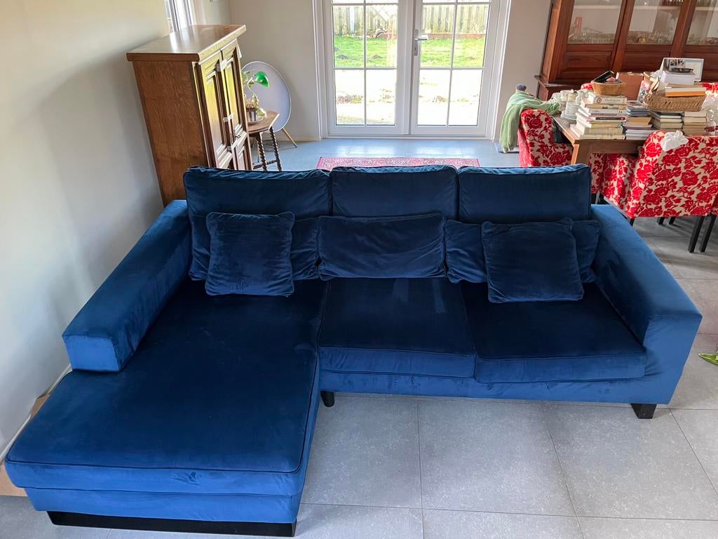 Hoekbank fluweel blauw, Huis en Inrichting, Banken | Sofa's en Chaises Longues, Zo goed als nieuw, Vierpersoons of meer, Stof