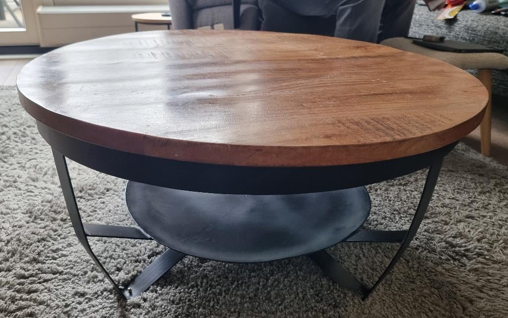 Salontafel – massief mangohout – industrieel (90 cm), Ophalen, 50 tot 100 cm, Rond, 50 tot 100 cm