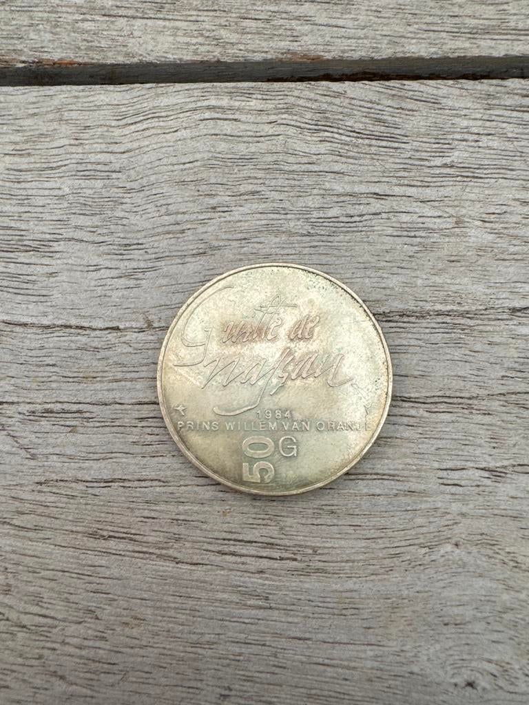 Zilveren 50 Gulden Munt 1984 Prins Willem van Oranje, Koningin Beatrix, Zilver, Ophalen of Verzenden, Losse munt